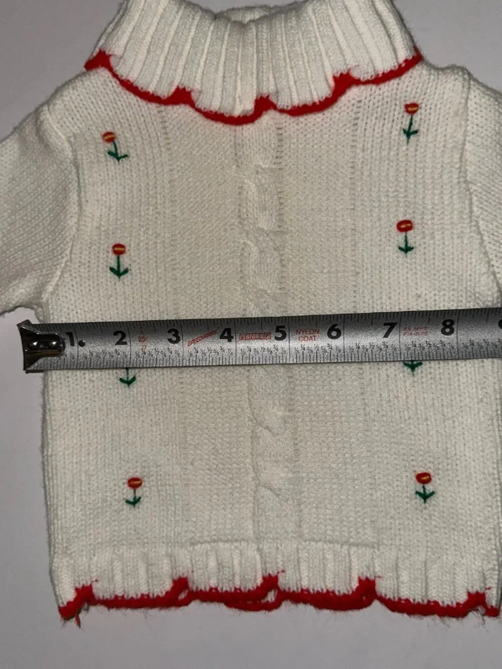 VTG HANDMADE knit BABY SWEATER white with red trim 3-6 6-9 months infant